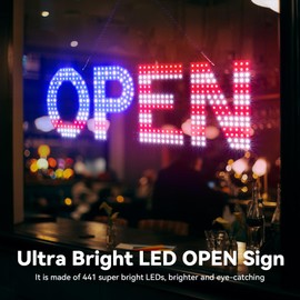 Thirdpolite 22"Lx7"H LED Open Sign for Business with 10 Dimming Levels,3 Modes & Adjustable Chain - Ultra Bright Storefront Signs for Window Glass Door Shop Retail Restaurant Salon(US Flag)