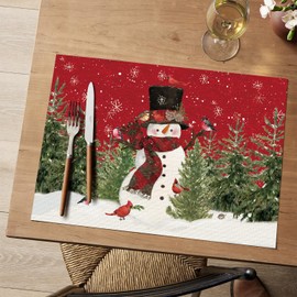 Artoid Mode Snowman Trees Winter Floral Vinly Placemats set of 4, Wipeable Red Christmas PVC Table Mats for Party Kitchen Dining Decor, 12x18 Inch