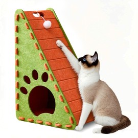 Mellowkin Felt Cat Scratcher, Triangular Vertical Cat Board with Plush Ball Toy, 9mm Thick Washable Material, No-Tool Assembly, Multi-Surface Cat Furniture Protector (Orange Green)