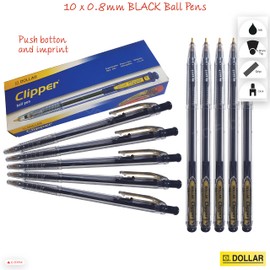 DOLLAR 10 x 0.8mm Clipper Ball Pen BLACK Retractable Soft Biro Ballpoint Pens