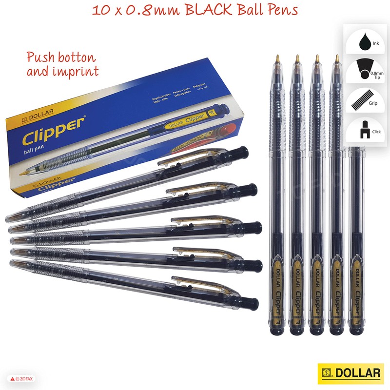 DOLLAR 10 x 0.8mm Clipper Ball Pen BLACK Retractable Soft