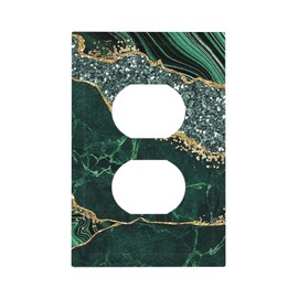 Green Marble Duplex Outlet Covers Dual Device Receptacle Wall Plate 1-Gang Luxury Glitter Bling Sparkly Emerald Jade Liquid Vein Crack Texture Jumbo Size Decorative Light Switch Faceplate Socket Cover