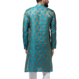 Sojanya (Since 1958 - Kurta larga de seda jacquard para hombre, Azul azulado y cobre, Small