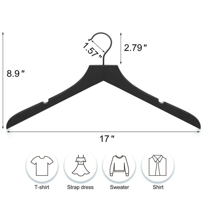 TOPIA HANGER Black Wooden Hangers, Rubber Wood Clothes Hangers with