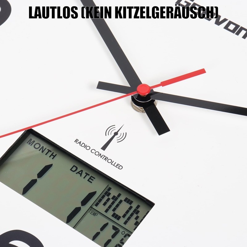Geevon DCF Wall Clock without Ticking Noise, 12 Inch Radio-Controlled