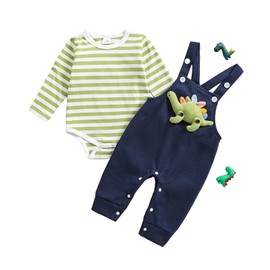 Baby Boy Clothes Set Infant Outfits Newborn Bodysuit Striped Long Sleeve Romper Dinosaur Waffle Overalls Jumpsuit 2 Piece Set (Green, 3-6 Months)