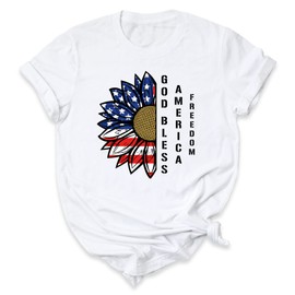 4th of July T Shirts, Sunflower Unisex Patriotic Shirt, Independence Day Top, Cool American Memorial Graphic Tees, USA Flag Shirts, Plus Size Outfit (God Bless America)