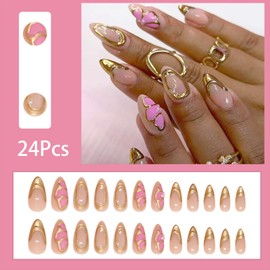 Flower Press on Nails French Tip Fake Nails with 3D Gold Design Butterfly Glue on Nails Artificial Acrylic Nails Pink Flower Design Butterfly False Nails Pearl Charms Stick on Nails for Women 24Pcs