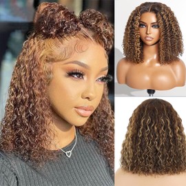 LRSICAL Highlight Blonde Wear and Go Glueless Water Wave Bob Wig Human Hair Pre Plucked 180% Density 4/27 Water Wave No Glue,Pre cut Transparent Lace Front Natural Hairline 12 Inch