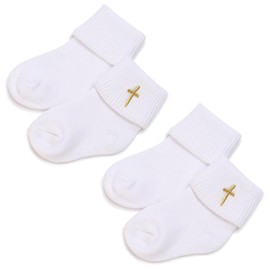 YcsRnn 2 Pairs Newborn Socks, Baby Socks with Grips - Unique Baby Shower or Newborn Gift - White Turn Cuff Christening Cotton Sock With Cross Embroidery for Boys Girls (0-12 Months)