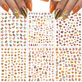 6Pcs Fall Nail Art Stickers 3D Autumn Leaves Nail Decals Self-Adhesive Maple Leaf Pumpkin Turkey Nail Decals Thanksgiving Nail Art Supplies Mushroom Nail Design for Women Girls DIY Manicure Decoration