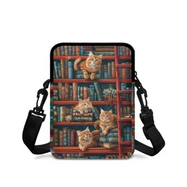 TSOVTHRID Brown Cats Books Print Crossbody Bags, 2 Layer Small Sling Bag Travel Satchel Bag Messenger Sling Bags for Women Girls, 9.1 x 6.5 x 2.76 Inches