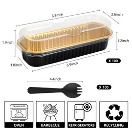 Ruckae 100 Pack Mini Loaf Pan Mini Loaf Baking Pans with Lids and Spoons,Disposable Aluminum Foil Pans, Rectangle Tin Foil Pans with Lids for Home, Pary, Picnics (Black Gold)