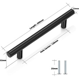 5 Pack Kitchen Cupboard Handles Stainless Steel Kitchen Door Handles Brushed Cabinet Handles Wardrobe Drawer (5 Pack Black, Hole Centre 128mm)