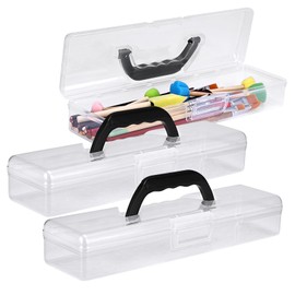 BTSKY 3 Pack Clear Plastic Painting Brush Container with Black Handle, Portable Long Paintbrush Case, Drawing Tools Storage Box, Practical Art Supply Organizer for Artist Crafters, 13.2"x3.5"x2.4"
