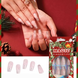 Yatinkim 24pcs Artificial Nail Christmas False Nails Art Medium length White Faux Ongles Glossy Snowflake Decor Women Girls Press on Finger Sticker