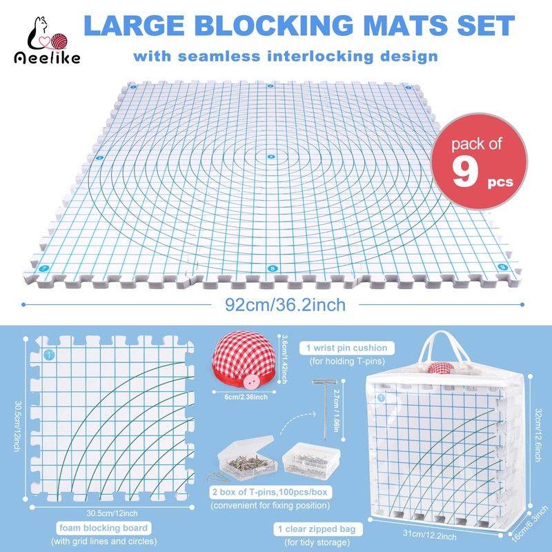 Aeelike Blocking Mats for Knitting and Crochet, 9 Pack Thick