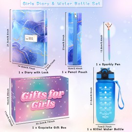 Gifts for Girls Diary with Lock, Diary for Girls Ages 8-12, Christmas Birthday Gifts for Girls Diary and Water Bottle Set, Gifts for Teen Girls, Kids Journal Secret Diary with Pen Pouch School Gifts for Girls 7 8 9 10 11 12 13 Year Old