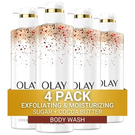 Olay Jabón corporal exfoliante e hidratante con azúcar, manteca de cacao y vitamina B3, 20 onzas líquidas (paquete de 4)