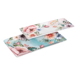 Bico Margret's Garden Ceramic 14 inch Rectangular Serving Platter, Set of 2, for Serving Salad, Pasta, Cheese, Ham, Appetizer, Microwave & Dishwasher Safe