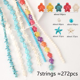 270pcs 7 Strands Turquoise Turtle Beads Starfish Beads Summer Beads Colorful Tortoise Turtle Bead Charms Summer Ocean Animal Spacer Bead for Jewelry Making Supplies-Bracelets DIY (7 Strings)