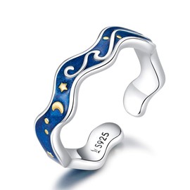 NewL 925 Sterling Silver Blue Starry Sky Van Gogh Love Ring Open Finger Ring Design Jewelry Accessories Sterling Silver, Sterling Silver
