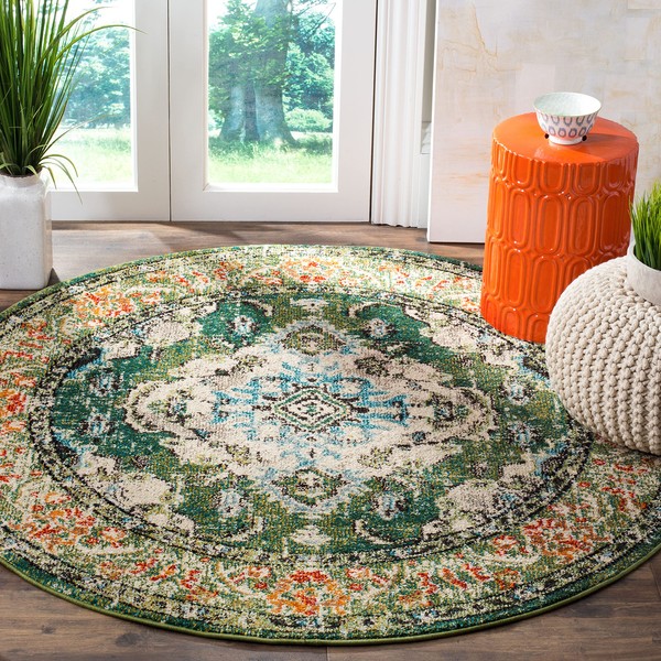 SAFAVIEH Monaco Collection 3' Round Forest Green/Light Blue MNC243F Boho Chic Medallion Distressed Non-Shedding Dining Room Entryway Foyer Living Room Bedroom Area Rug