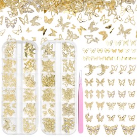 2 Boxes Gold Butterfly Nail Charms and Gems, Butterflies Nails Charms Butterfly Bow Tie Alloy Nail Gold Charm, Mixed Bows Butterflies Nails Art Studs DIY Accessories Y2k with Pickup Tool