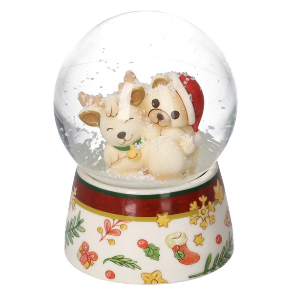 THUN - Boule de Neige with Teddy Rides Robin Reindeer in Resin, Ceramic and Glass, Medium Version, Christmas Wish Line, 8 cm