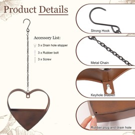Romooa 3 Pcs 3 Size Heart Metal Hanging Planter Indoor Outdoor, 13.4" 10.6" 7" Large Metal Plant Hangers Vintage Flower Pot with Hook Chain Drain Hole Gift for Gardener Women Mom Home Decor(Brown)