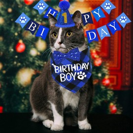 STMK Cat Birthday Party Supplies - Cat Birthday Hat with Bandana Bow Tie Collar & Banner for Kitten's Outfit Decorations