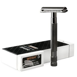 Maquinilla de afeitar clásica de doble filo con diseño ponderado de una sola hoja para hombres, maquinilla de afeitar reutilizable, con 5 hojas de afeitar premium (negra)