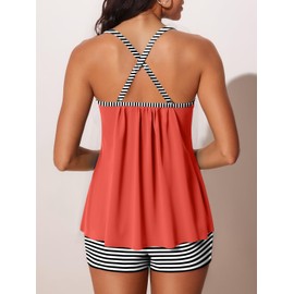 Summer Mae - Trajes de baño de dos piezas para mujer, tankini con control de abdomen y pantalones cortos, Naranja Rosa Raya, X-Large