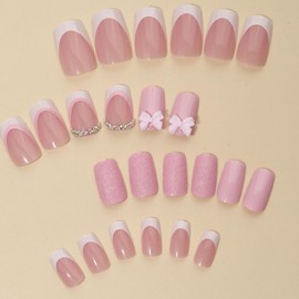 White French Tip Press on Nails Short Square Fake Nails with Rhinestones 3D Bow Designs Pink Nude Glue on Nails False Nails Press ons Acrylic Stick on Nails for Women 24 Pcs
