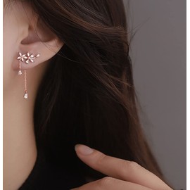 SLUYNZ 925 Sterling Silver CZ Flower Dangle Earrings Chain for Women Crystal Drop Earrings Tassel Elegant Wedding Earrings (B-Rose Gold Plated)