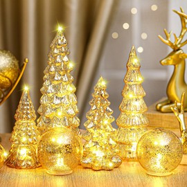 Syhood 6 Pcs Mercury Glass Christmas Tree Mercury Cracked Glass Globe with Lights Christmas Decoration Lighted Table Top Xmas Trees Figurine for Mantel Centerpieces(Gold)