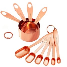 10-Piece Copper Measuring Cups and Spoons Set Stainless Steel Heavy Duty Rose Gold Engraved Stackable Nesting Kitchen Teaspoon/Tablespoon Set for Dry & Liquid Ingredients Coffee Cooking & Baking