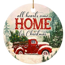 Rigufu 2024 Christmas Ornament - All Hearts Come Home for Christmas Ceramic Ornament – Red Truck Xmas Tree Hanging Decoration, Unique Gift for Family & Friends