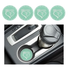 4PCS Car Cup Holder Coaster, Non-Slip PVC Insert Cup Coaster, 2.76 Inch Blessed Cross and Heart Christian Auto Drink Cup Mat, Universal Interior Accessories for Women Girls (Mint Green)