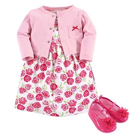 Hudson Baby Baby-Girls Cotton Dress, Cardigan and Shoe Set, Pink Roses, 6-9 Months