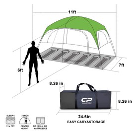 CAMPROS CP Tent 6 Person Camping Tents, Waterproof Windproof Family Tent with Top Rainfly, 4 Large Mesh Windows, Double Layer, Easy Set Up, Portable with Carry Bag, for All Seasons - 11'X7'X72in(H)