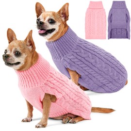 KCFESTIHUE 2 Pack Dog Sweaters for Small Dogs Turtleneck Pullover Cable Knit Puppy Stretch Clothes Chihuahua Yorkie Pomeranian Toy Poodle Boy Girl Pets Winter Doggie Clothes (S, Pink & Purple)