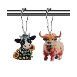 Farm Cow Shower Curtain Hooks Rings - Metal Silver Shower Curtain Hooks Rust Proof, Shower Curtain Set Accessory, Chic Rustic Shower Curtain Hooks for Shower Curtain Rods