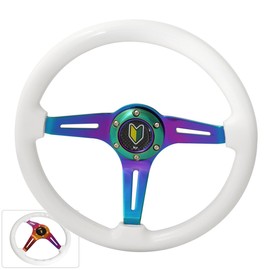 AJP Distributors 345mm 6 Bolt Hole Neo Chrome Center White Wood Trim 3 Spokes Steering Wheel Horn Button Wakaba Leaf Horn Button
