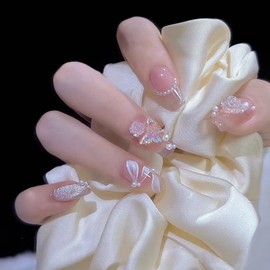 Press on Nails Medium Camellia False Nails Crystal Butterfly and Pearl Design Sweet French Fake Nails Artificial Acrylic Nails Full Cover Reusable Coffin Nails Glue on Nails for Women Supplies 24Pcs