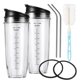 2pcs 32 Cups Suitable for Ninja Replacement with Sip Seal Lid & 2pcs Gasket for Cups & 1pc Brush & 2pcs Stainless Steel Straw - For Blender BL450 BL454 Auto-iQ BL480 BL481 BL482 BL687 (9 Pieces)