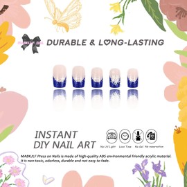 Christmas Press on Nails Medium Square MABKJLF Blue French Tip Fake Nails Winter False Nails with Designs Snowflake Full Cover Glossy Glue on Nails Xmas Acrylic Nails for Women Girls 24 Pcs