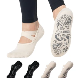 COOLMATE Barre Elastic Strap Yoga Socks for Women Non Slip with Floral Mandala Grip, Ballet, Pilates Socks (US, Alpha, One Size, Regular, Regular, 2 Pairs Black Beige)