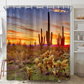 Moyrisou American Saguaros Shower Curtain, Western Landscape Sunset Desert Cactus Bathroom Curtains, Natural Scene Waterproof Polyester Fabric Shower Curtain Sets with Hooks, 72 x 72