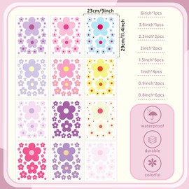 288 Pcs Y2k Cute Flowers Wall Sticker Colorful Floral Wall Decal Vinyl Peel and Stick Preppy Hippie Stickers Aesthetic Wall Flowers Wall Decor for Nursery Bedroom(9.1 x 11.4 Inch,Lovely Colors)